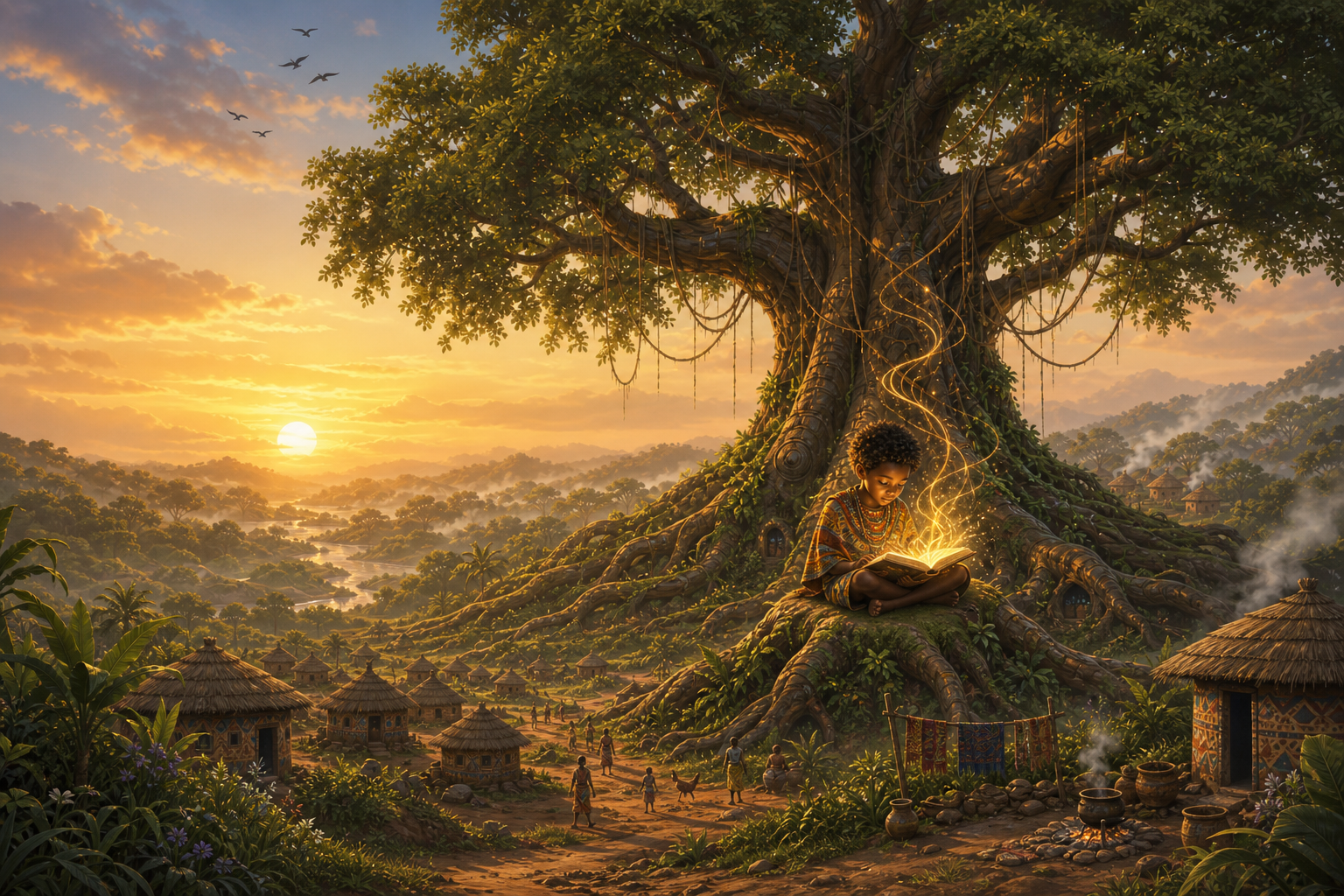 Young Ananse reading a glowing storybook beneath the Wisdom Tree